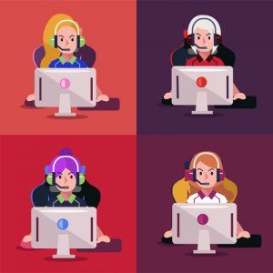 Set of professional girl gamer playing video game on computer. E sport player. Vector illustration