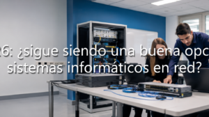 Estudiantes de sistemas informáticos en red configurando equipos y servidores en un aula tecnológica.