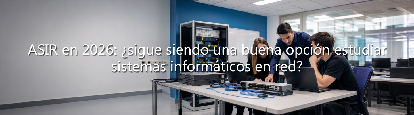 Estudiantes de sistemas informáticos en red configurando equipos y servidores en un aula tecnológica.