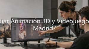 Grupo de estudiantes en un aula trabajando en el diseño de un personaje 3D en un ordenador, con el texto superpuesto: "¿Dónde estudiar Animación 3D y Videojuegos en el sur de Madrid?"
