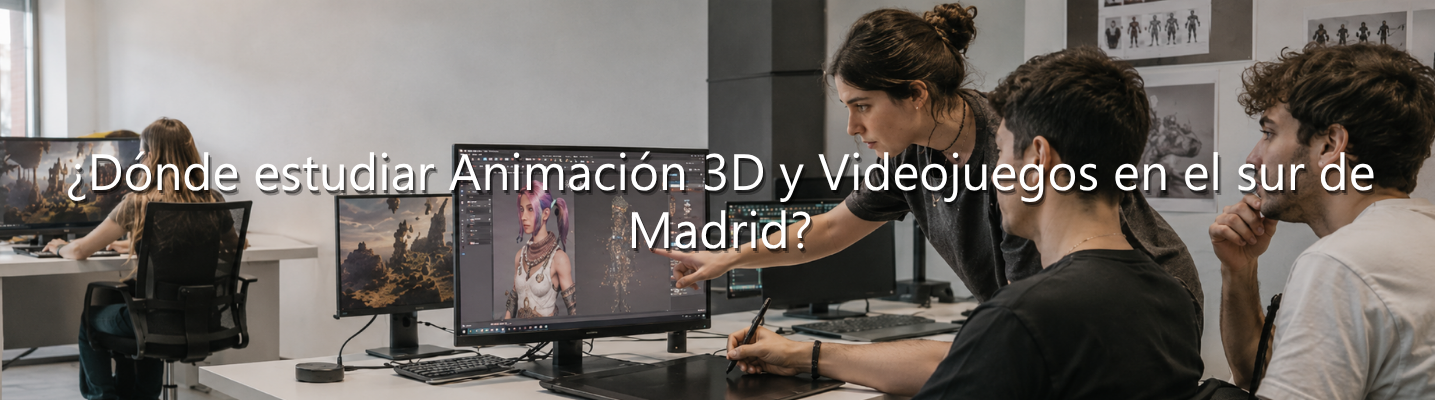Grupo de estudiantes en un aula trabajando en el diseño de un personaje 3D en un ordenador, con el texto superpuesto: "¿Dónde estudiar Animación 3D y Videojuegos en el sur de Madrid?"