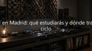 Mesa de mezclas profesional en un estudio de sonido con el texto sobre formación de DJ en Madrid.