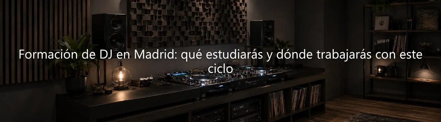Mesa de mezclas profesional en un estudio de sonido con el texto sobre formación de DJ en Madrid.