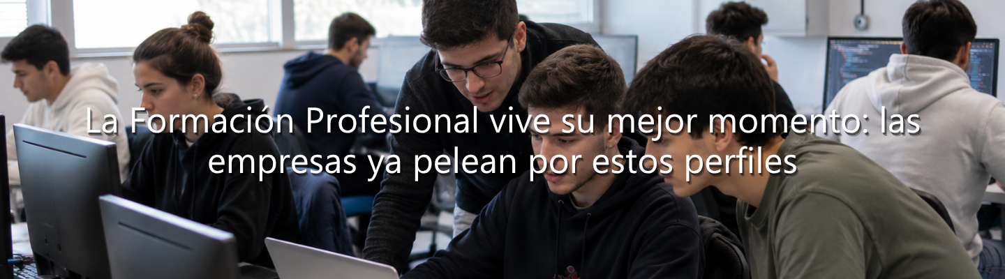 Grupo de estudiantes del ciclo de Administración de Sistemas Informáticos en Red (ASIR) trabajando en equipo con ordenadores portátiles y equipos informáticos durante una clase práctica.