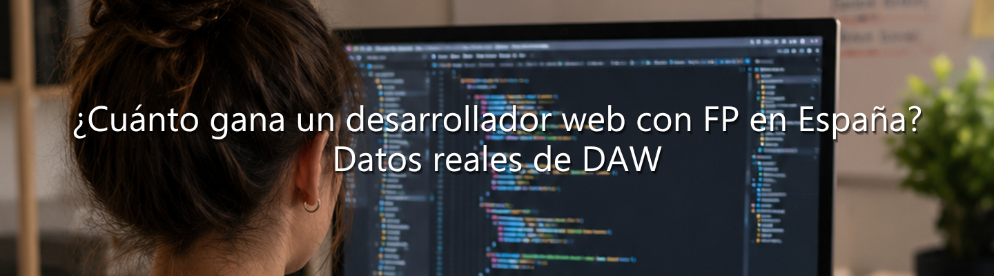 Programadora vista de espaldas trabajando con código en una pantalla de ordenador, con el texto superpuesto: "¿Cuánto gana un desarrollador web con FP en España? Datos reales de DAW".