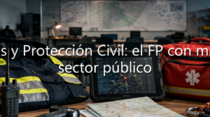 Equipamiento de rescate sobre una mesa que incluye un casco naranja, chaqueta reflectante, tablet con mapas, botiquín y cuerdas, con el texto superpuesto: "Emergencias y Protección Civil: el FP con más salidas al sector público".