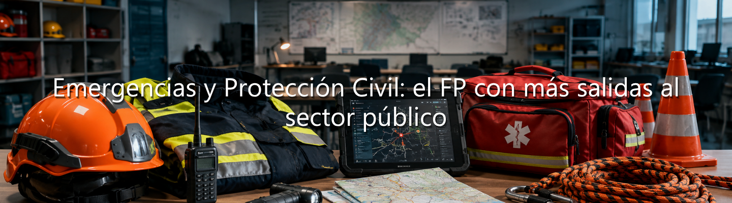Equipamiento de rescate sobre una mesa que incluye un casco naranja, chaqueta reflectante, tablet con mapas, botiquín y cuerdas, con el texto superpuesto: "Emergencias y Protección Civil: el FP con más salidas al sector público".