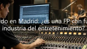 Alumno de Formación Profesional de Sonido ajustando una mesa de mezclas en un estudio de grabación durante una práctica de producción de audio.