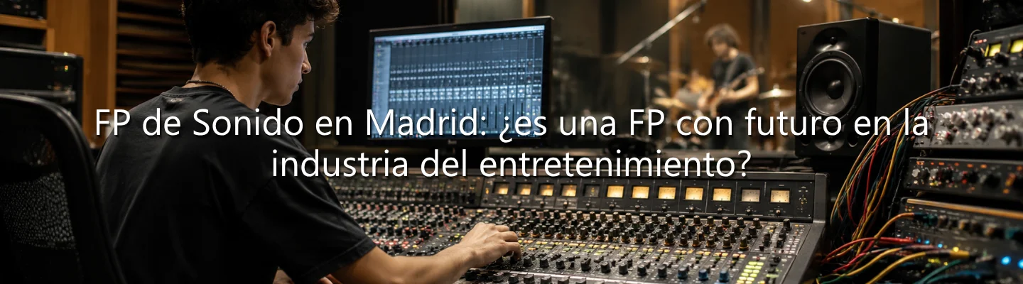 Alumno de Formación Profesional de Sonido ajustando una mesa de mezclas en un estudio de grabación durante una práctica de producción de audio.