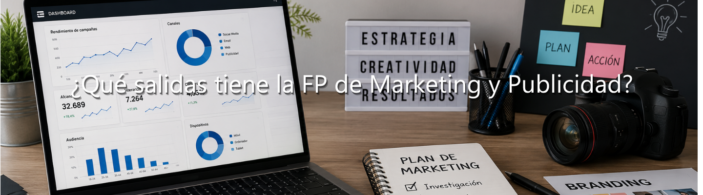 Escritorio con un portátil mostrando métricas de analítica web, cámara de fotos, panel luminoso y cuaderno de estrategia, con el texto superpuesto: "¿Qué salidas tiene la FP de Marketing y Publicidad?".