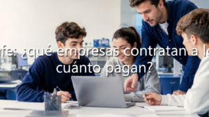 Grupo de estudiantes junto a un profesor mirando un ordenador portátil, con el texto superpuesto: "ASIR en Getafe: ¿qué empresas contratan a los titulados y cuánto pagan?".