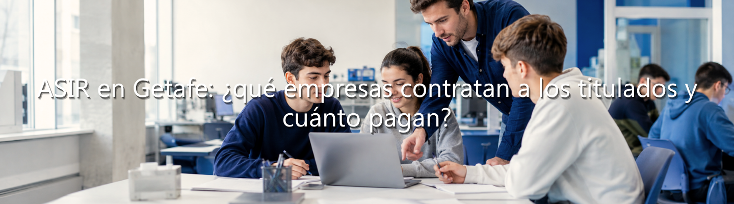 Grupo de estudiantes junto a un profesor mirando un ordenador portátil, con el texto superpuesto: "ASIR en Getafe: ¿qué empresas contratan a los titulados y cuánto pagan?".