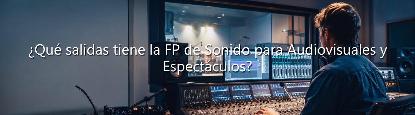 Técnico operando mesa de mezclas en estudio, ilustrando salidas de la FP de Sonido para Audiovisuales y Espectáculos.