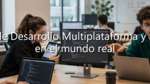 Grupo de estudiantes colaborando alrededor de una mesa con ordenadores y pantallas que muestran código de programación. Sobre ellos aparece el texto: "Qué es la FP de Desarrollo Multiplataforma y para qué sirve en el mundo real"