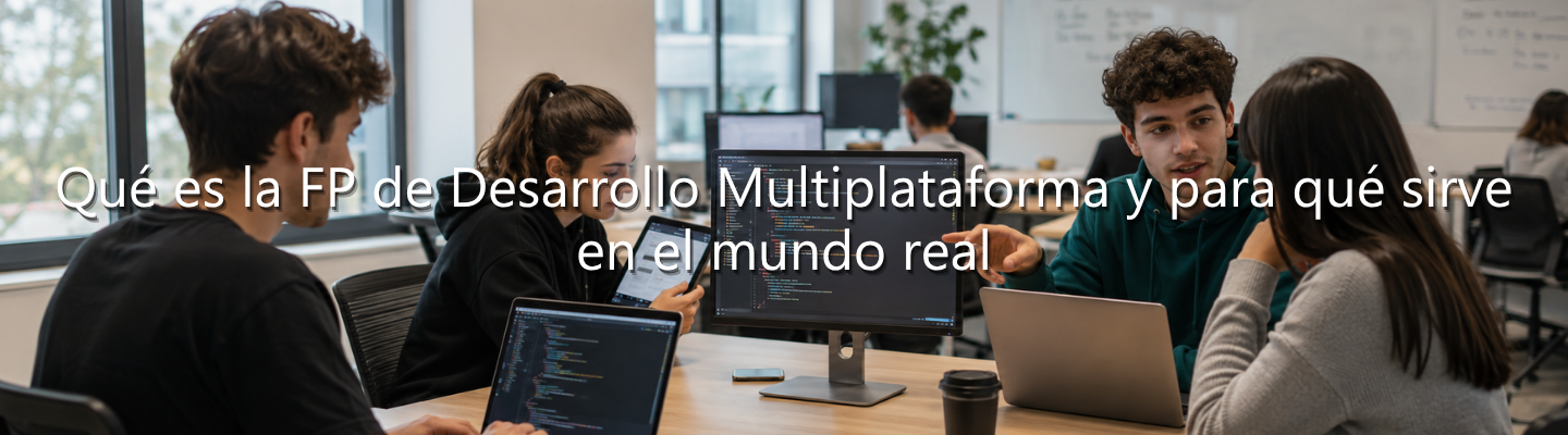 Grupo de estudiantes colaborando alrededor de una mesa con ordenadores y pantallas que muestran código de programación. Sobre ellos aparece el texto: "Qué es la FP de Desarrollo Multiplataforma y para qué sirve en el mundo real"