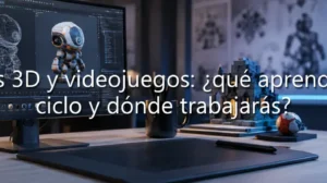 Escritorio de diseño con monitor mostrando modelado 3D de robot, tableta gráfica y texto sobre ciclo de animaciones 3D.