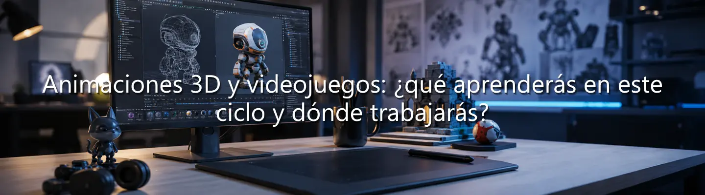 Escritorio de diseño con monitor mostrando modelado 3D de robot, tableta gráfica y texto sobre ciclo de animaciones 3D.