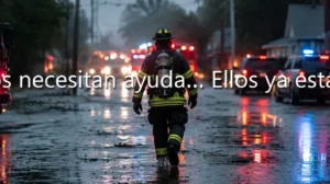 Bombero con equipo completo caminando por una calle oscura y mojada hacia una línea de camiones de bomberos, ambulancias y coches de policía con luces de emergencia encendidas. Contiene el texto: "Cuando todos necesitan ayuda... Ellos ya están en camino".