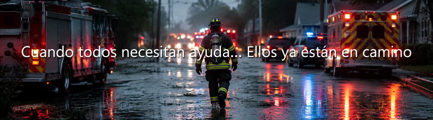 Bombero con equipo completo caminando por una calle oscura y mojada hacia una línea de camiones de bomberos, ambulancias y coches de policía con luces de emergencia encendidas. Contiene el texto: "Cuando todos necesitan ayuda... Ellos ya están en camino".