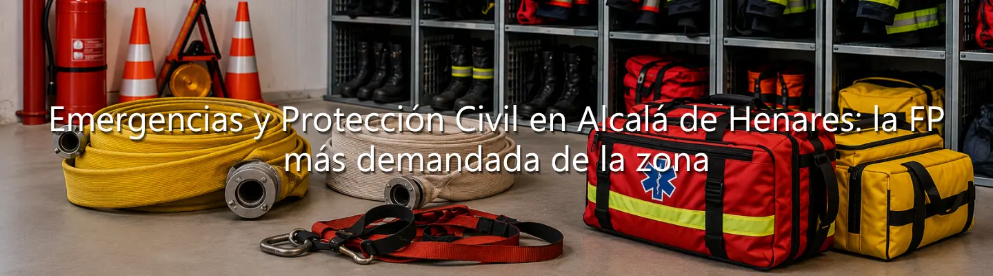 Mangueras, botiquines y equipo de rescate de la FP Emergencias y Protección Civil en Alcalá de Henares.