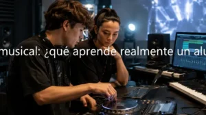 Dos estudiantes de FP en DJ y producción musical utilizando una mesa de mezclas y software en un estudio profesional.