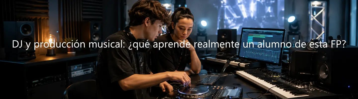 Dos estudiantes de FP en DJ y producción musical utilizando una mesa de mezclas y software en un estudio profesional.