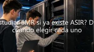 Dos jóvenes configurando un servidor rack con un portátil. Incluye texto sobre diferencias entre estudiar SMR y ASIR.