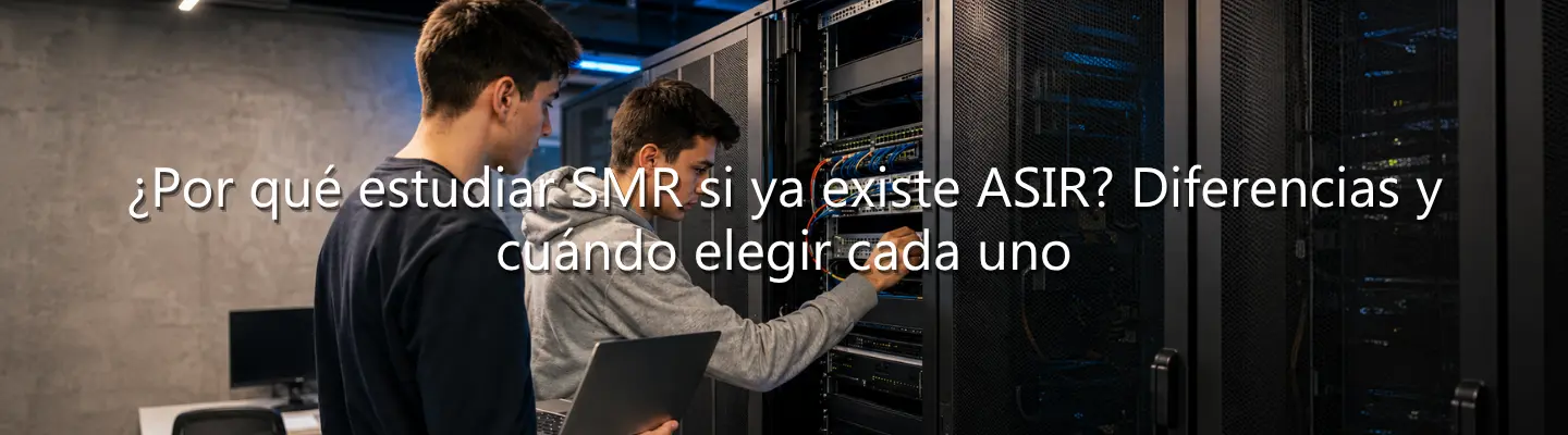 Dos jóvenes configurando un servidor rack con un portátil. Incluye texto sobre diferencias entre estudiar SMR y ASIR.