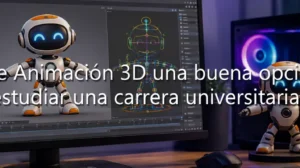 Monitor con software de modelado de un robot 3D y figura física en escritorio, ideal sobre estudiar FP de Animación 3D