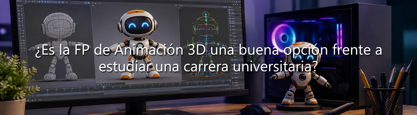 Monitor con software de modelado de un robot 3D y figura física en escritorio, ideal sobre estudiar FP de Animación 3D