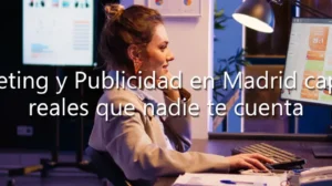 Mujer joven analizando gráficos en un monitor de oficina con texto sobre salidas de FP en Marketing y Publicidad en Madrid.
