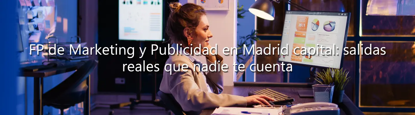 Mujer joven analizando gráficos en un monitor de oficina con texto sobre salidas de FP en Marketing y Publicidad en Madrid.