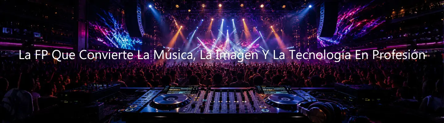Primer plano de una cabina de DJ profesional Pioneer con platos y mesa de mezclas, frente a una multitud en un concierto con iluminación dinámica de colores, acompañado del texto: "La FP Que Convierte La Música, La Imagen Y La Tecnología En Profesión".
