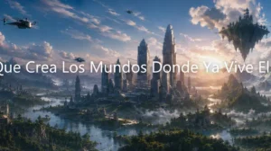 Paisaje futurista en 3D con montañas, una ciudad tecnológica y vehículos voladores, acompañado del texto: "La FP Que Crea Los Mundos Donde Ya Vive El Futuro".