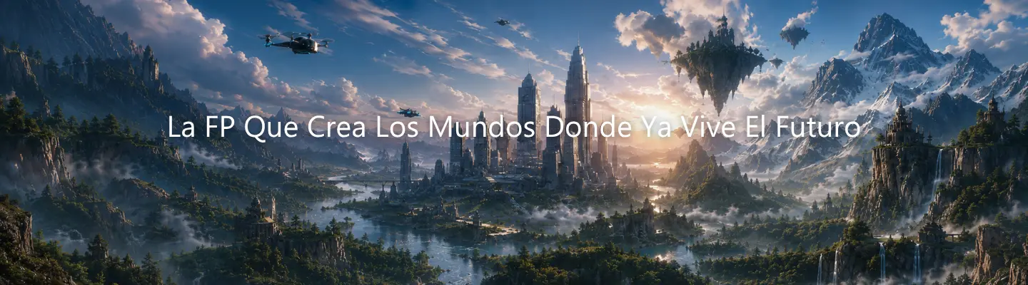 Paisaje futurista en 3D con montañas, una ciudad tecnológica y vehículos voladores, acompañado del texto: "La FP Que Crea Los Mundos Donde Ya Vive El Futuro".