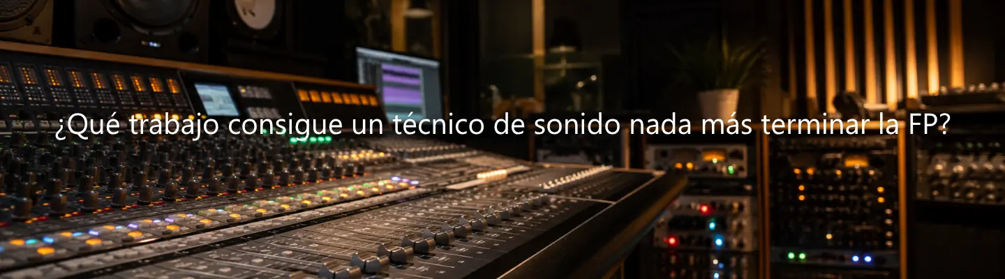 Mesa de mezclas en estudio de grabación profesional mostrando el entorno laboral de un técnico de sonido de FP.