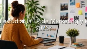 Mujer trabajando en un portátil con gráficos, texto sobre el futuro de la FP de Marketing y Publicidad en 2026.