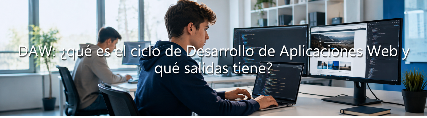 Joven programando frente a varias pantallas de ordenador y un portátil en una oficina, con el texto superpuesto: "DAW: ¿qué es el ciclo de Desarrollo de Aplicaciones Web y qué salidas tiene?".