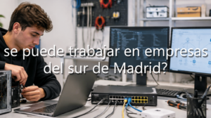 Joven reparando un ordenador en un taller de informática junto a un armario de servidores, con el texto superpuesto: "¿Con el SMR se puede trabajar en empresas tecnológicas del sur de Madrid?".