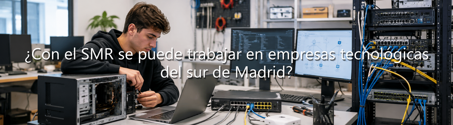 Joven reparando un ordenador en un taller de informática junto a un armario de servidores, con el texto superpuesto: "¿Con el SMR se puede trabajar en empresas tecnológicas del sur de Madrid?".