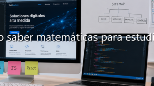 Escritorio de desarrollo web con monitores mostrando código, cuadernos con esquemas, notas de HTML, CSS y JS, y el texto superpuesto: "¿Necesito saber matemáticas para estudiar DAW?".