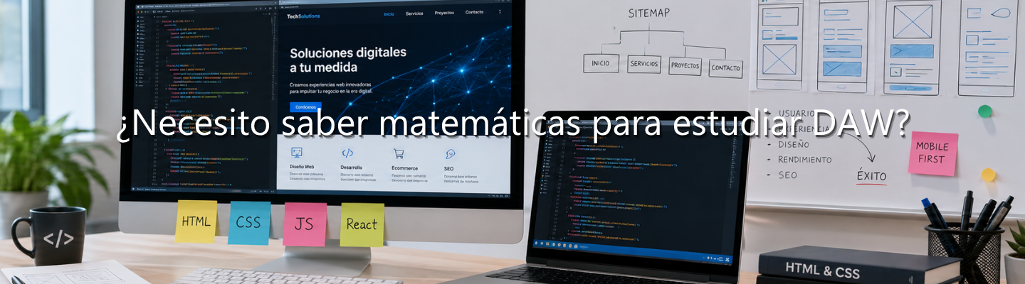 Escritorio de desarrollo web con monitores mostrando código, cuadernos con esquemas, notas de HTML, CSS y JS, y el texto superpuesto: "¿Necesito saber matemáticas para estudiar DAW?".