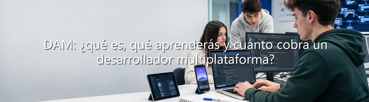 Estudiantes de DAM programando código en ordenador y dispositivos móviles para desarrollo multiplataforma.