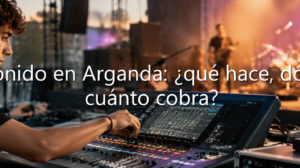 Joven operando una mesa de mezclas en un concierto, con el texto superpuesto: "Técnico de sonido en Arganda: ¿qué hace, dónde trabaja y cuánto cobra?".