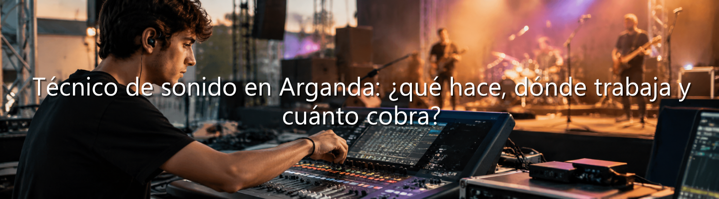 Joven operando una mesa de mezclas en un concierto, con el texto superpuesto: "Técnico de sonido en Arganda: ¿qué hace, dónde trabaja y cuánto cobra?".