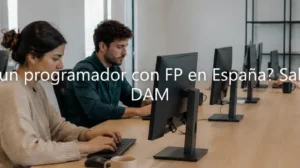Equipo de programadores trabajando concentrados en sus ordenadores dentro de una oficina moderna y luminosa, representando el entorno laboral de los titulados en FP de Desarrollo de Aplicaciones Multiplataforma (DAM).