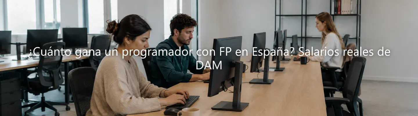 Equipo de programadores trabajando concentrados en sus ordenadores dentro de una oficina moderna y luminosa, representando el entorno laboral de los titulados en FP de Desarrollo de Aplicaciones Multiplataforma (DAM).