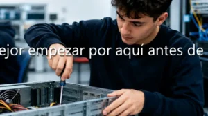 Estudiante de SMR montando componentes en una torre de ordenador con un destornillador en un laboratorio de informática.