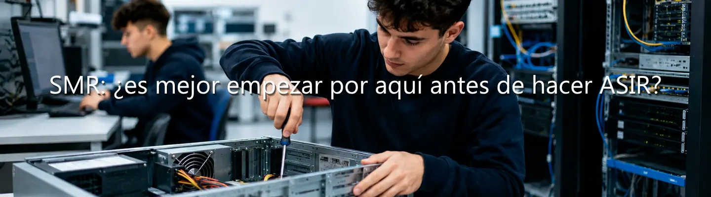 Estudiante de SMR montando componentes en una torre de ordenador con un destornillador en un laboratorio de informática.