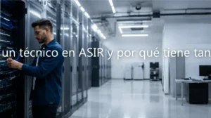 Técnico ASIR revisando conexiones de red en un armario de servidores dentro de un moderno centro de datos.